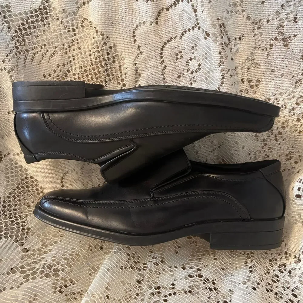 David & Co Men's US 9.5 W Black Leather Square Toe Dress Loafers Shoes